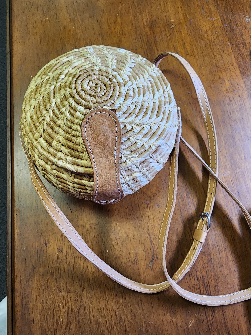 Woven Domed Round Straw Crossbody Bag with Tan Leather Trim
